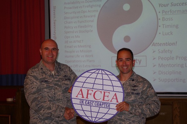 Lt. Col. Albert E. Franke IV, USAF (r), chapter president, thanks Col. Steve Sweeney, USAF, commander, 423rd Air Base Group, after his cyber leadership discussion, “The Tao of Cyber,” at the August meeting.